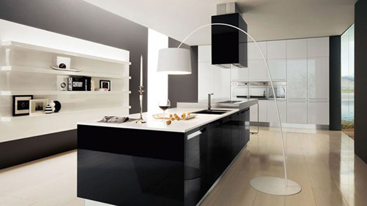 White Luxury Kitchen with sweeping lamp