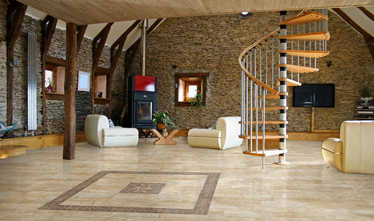 Lifetime Luxury Amazing Stair Design - circular staircase going right with light wallnut wooden stairs, white central substaining frame, wooden handrail, silver metal thin balusters -123