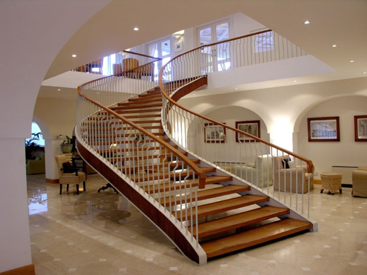 Lifetime Luxury Amazing Stair Design - curved staircase turning right with light wallnut handrails and stairs, silver metal balustrade, very short skirt board of cherry wood - 274